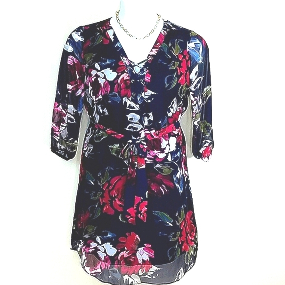 Shirt Dress floral print lined XL midi red blue white pink green